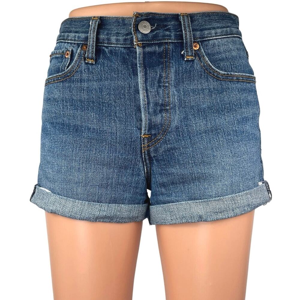Levi’s White Oak Cone Blue Denim High Waist Button Fly Cuffed Jean Shorts Sz 26